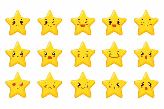 Star character. Golden funny stars with face emotions, cute cartoon emoji design. Vector set