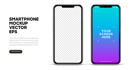 Realistic smart phone mockup silver and black mobile isolated vector eps concept with blank touch screen for UI UX. High detailed 3d vector smartphone in front view ready to show your app design. - obrazy, fototapety, plakaty