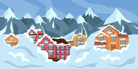 Fototapeta na wymiar Cartoon avalanche. Snow natural disaster scene with buried houses. Vector illustration