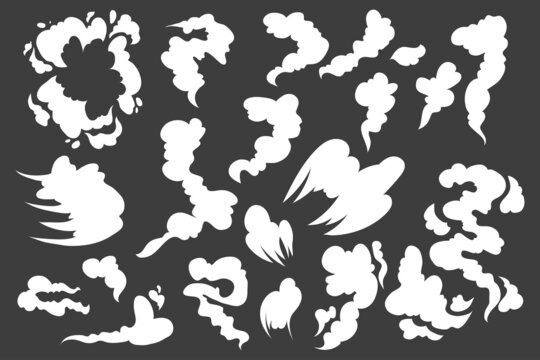 Cartoon smoke. Comic explosion, dust blow, puff and gas motion effect. Vector white air trail set
