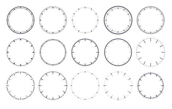 Clock dial . Empty mechanical watch face without arrows and numbers with hour marks. Vector set