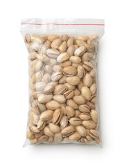Top view of dried pistachios in clear plastic bag