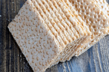 thin crispy waffles made of wheat flour, eggs and sugar