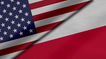 3D Rendering of two flags from United States of America and Republic of Polandtogether with fabric texture, bilateral relations, peace and conflict between countries, great for background