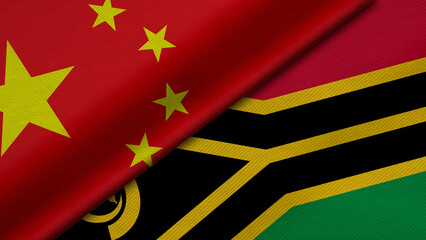 3D Rendering of two flags from China and Republic of Vanuatu  together with fabric texture, bilateral relations, peace and conflict between countries, great for background