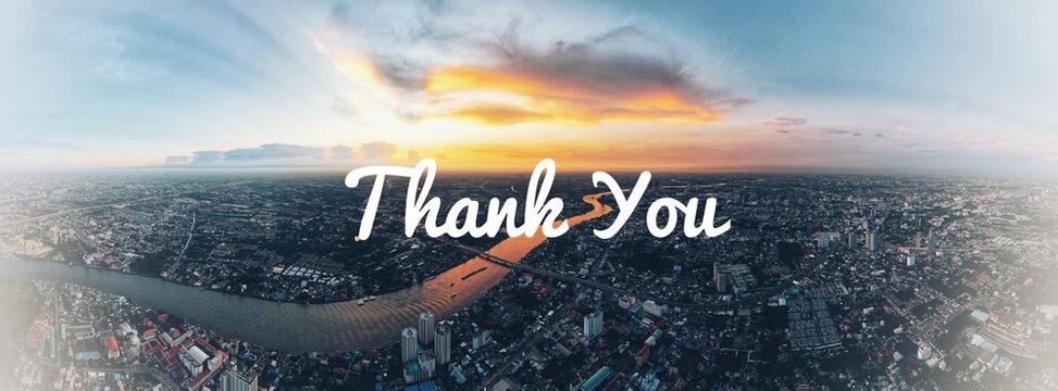 Thank You handwritten inscription. Hand drawn lettering. Thank You calligraphy. Thank you card. Vector illustration. on cityscape panoramic view - Powered by Adobe
