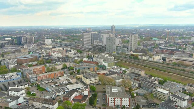 Essen: Aerial view of city in Germany, cityscape with modern buildings (skyscrapers) - landscape panorama of Germany from above, Europe