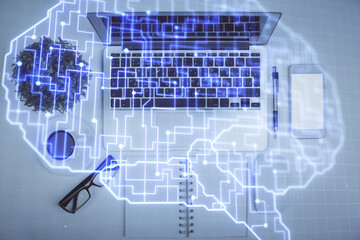 Multi exposure of brain sketch hologram over topview work table background with computer. Concept of big data.
