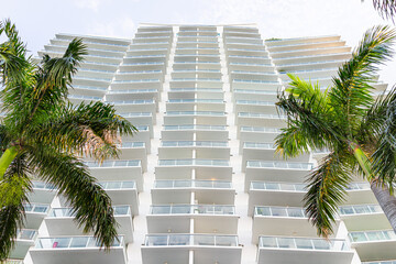 Miami Beach Florida low angle view looking up abstract on residential apartment condo complex building with many glass balconies pattern and palm trees - obrazy, fototapety, plakaty
