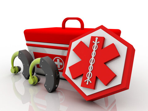 3d illustration Hearing aid with first aid box and ambulance sign
