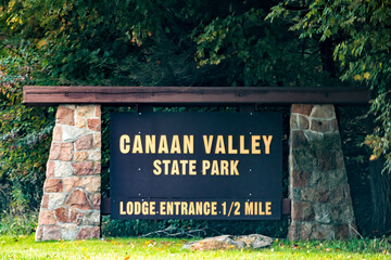 Sign on road for canaan valley ski resort and conference center in state park in Davis, West...