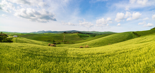 Unique green landscape in Volterra Valley, Tuscany, Italy. Scenic dramatic sky and sunset light...