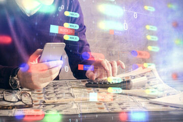 Multi exposure of man's hand holding and using a digital device and data theme drawing. Innovation concept.