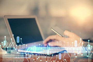 Multi exposure of man's hand holding and using a digital device and data theme drawing. Innovation concept.