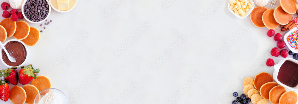 Poster breakfast or brunch pancake buffet double border. top view on a white marble banner background. mini