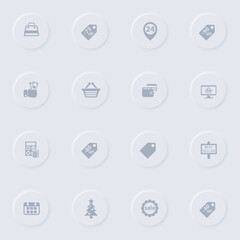 black friday gray vector icons on round rubber buttons. black friday icon set for web, mobile apps, ui design and promo business polygraphy