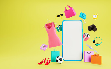 Online shopping  on smartphone .  shopping items are floating around mobilephone  on yellow background . digital marketing  concept.  3d rendering