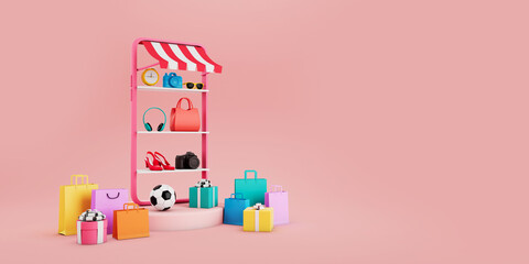 Online shopping  on smartphone .  Online store on the mobile application . shopping items are on the shelf on pink background . digital marketing  concept.  3d rendering