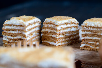 cake made of thin honey cakes and a thin creamy layer
