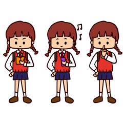 School kids student character vector set. School girl with 3 different standing poses. Isolated character. Vector Illustration. EPS10.
