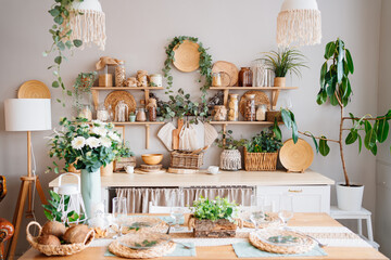 kitchen interior in eco style and furniture made of natural wood.