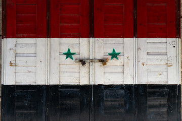 Syrain flag painted on a door at a shop in damascus market