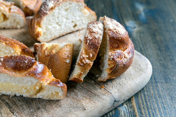 wheat fresh bun with filling cut into pieces