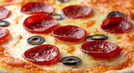 Close up shot of pepperoni pizza with black olives and basil leaves.