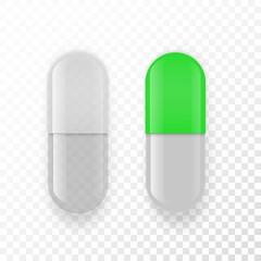 Empty capsule. Pill vitamin mockup. Vector realistic white pharmacology drugs.