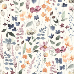 Watercolor floral seamless pattern in vintage rustic style, colored garden illustration on ivory background, hand painting print with abstract flowers, leaves and plants, design texture. - 495134194