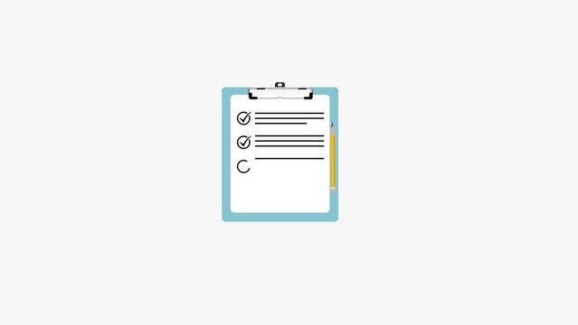 Checklist 4K animation. Clipboard with checkmarks and a pencil. Worklist checkmarks animation on white background. Office task progress report clipboard 2D animation. Checklist on a clipboard.