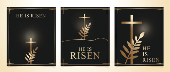 He Is Risen . Black and Gold Luxury Themed Poster Set For Easter.