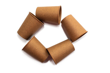 Eco brown cups on a white background. Mockup for your and copy space