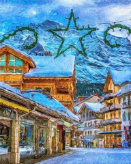 Obraz premium Colorful painting modern artistic artwork, drawing in oil European famous street view, beautiful old vintage house, textured brush strokes, design print for canvas or paper poster, touristic product
