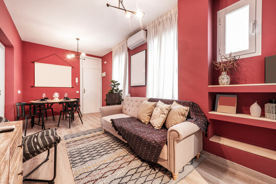 Apartment with a living room with a three-seater sofa in brown fabric, a round wooden dining table, decorative indoor plants and air conditioning with red paint on the walls