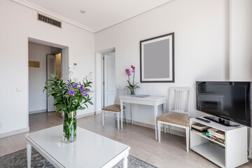 living room with white wooden furniture, table with flat tv and flowers in vases and ducted air conditioning