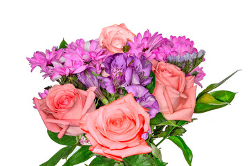 Tender bouquet from roses, alstroemeria flowers and chrysanthemums with leaves in pink, magenta and violet colors close up on white background isolated. Festive floral design
