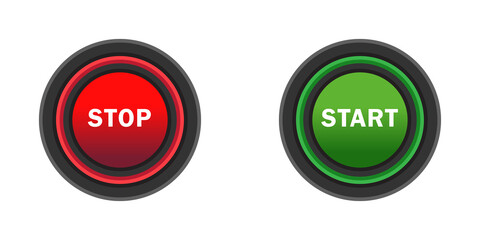 Start and stop buttons. Red, green and black colors. Isolated on white background. Vector illustration.