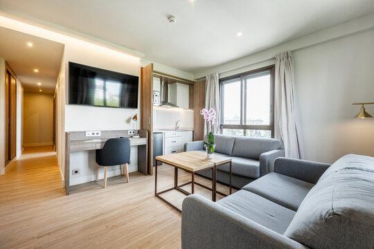 Hotel suite room with twin sofas, desk with upholstered chair, tv on the wall and French kitchen with doors, large window with curtains and wooden floor