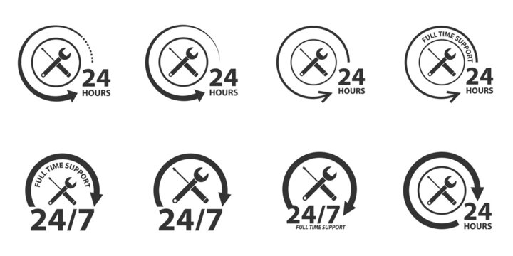 Set of 24/7 Car Service Logo with screwdriver and wrench. Full time support icon. Vector illustration.