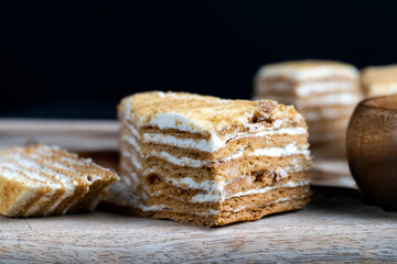 cake made of thin honey cakes and a thin creamy layer