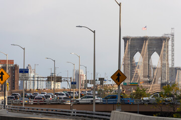 Heavy traffic is back in Brooklyn Bridge during evening commute amidst Pandemic of COVID-19 on October 08, 2021 in New York City NY USA.