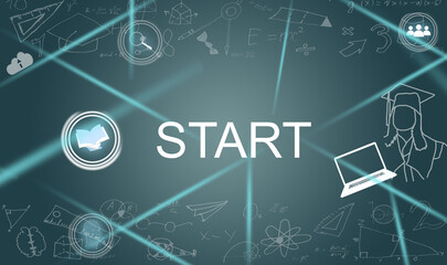 Finger pressing a push button to start a leadership online course. Concept of on-line leader classes or training.