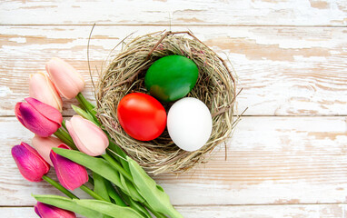 Happy Easter holiday card, Easter eggs as the color of the Italian flag red, white, green.	
