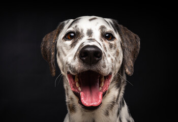 Portrait of a Dalmatian dog, on an isolated black background.