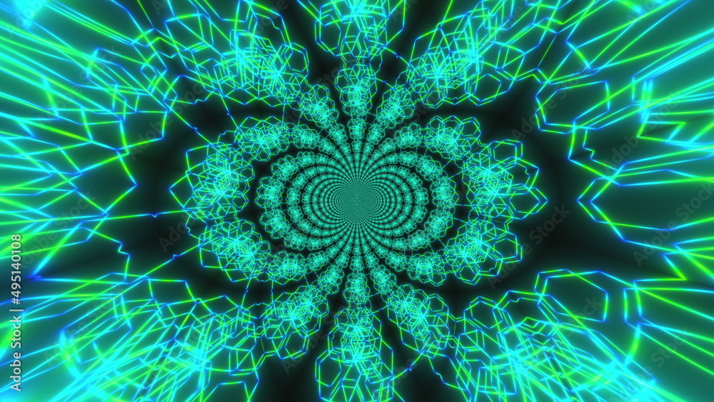 Poster neon road from the triangular arcade and balls, computer generated. 3d rendering of virtual backgrou