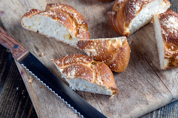 wheat fresh bun with filling cut into pieces