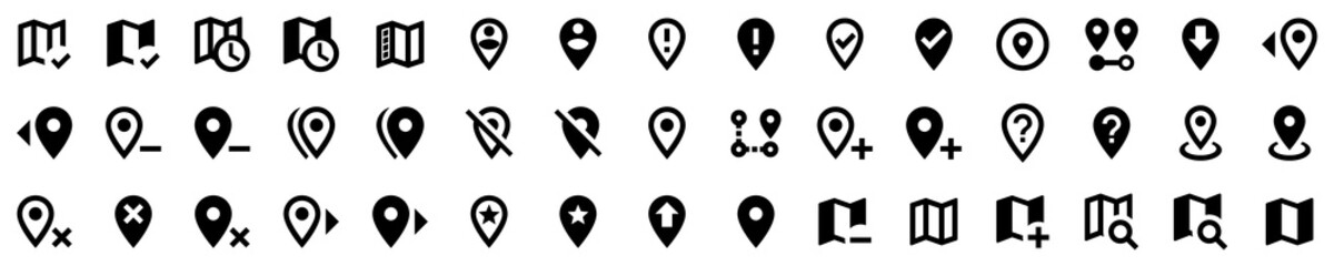 Collection of map icons. Black flat icon set isolated on white Background