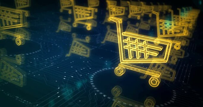 Shopping cart icon online commerce and e-commerce business symbol abstract cyber concept. Digital technology and computer background seamless and looped 3d animation.