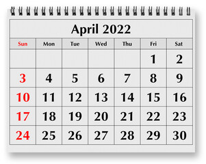 Page of the annual monthly calendar - April 2022